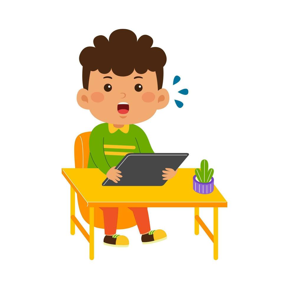 cute little kid use tablet vector illustration