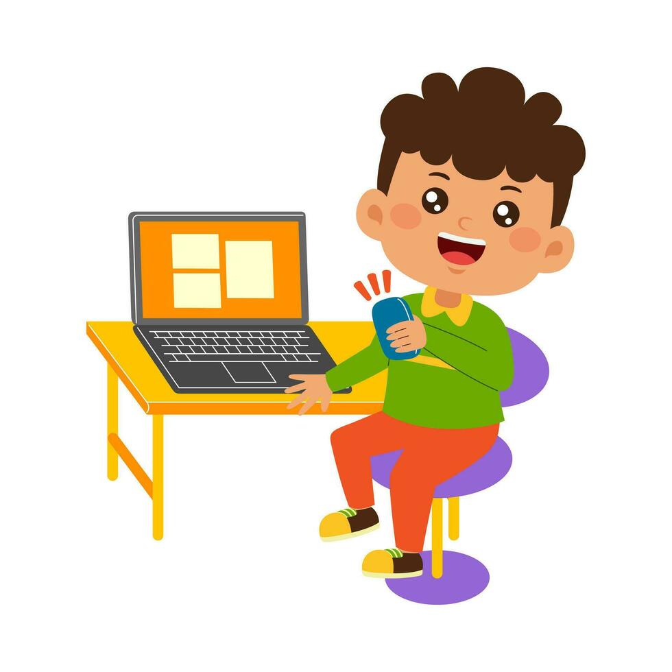 cute little kid use laptop vector illustration