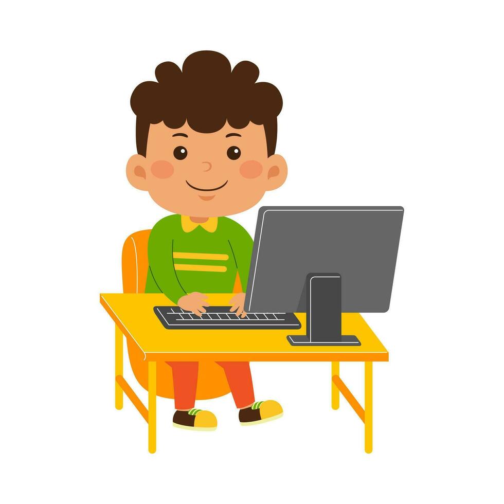 cute little kid girl use computer vector illustration