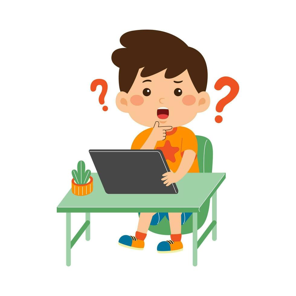 cute little kid use tablet vector illustration