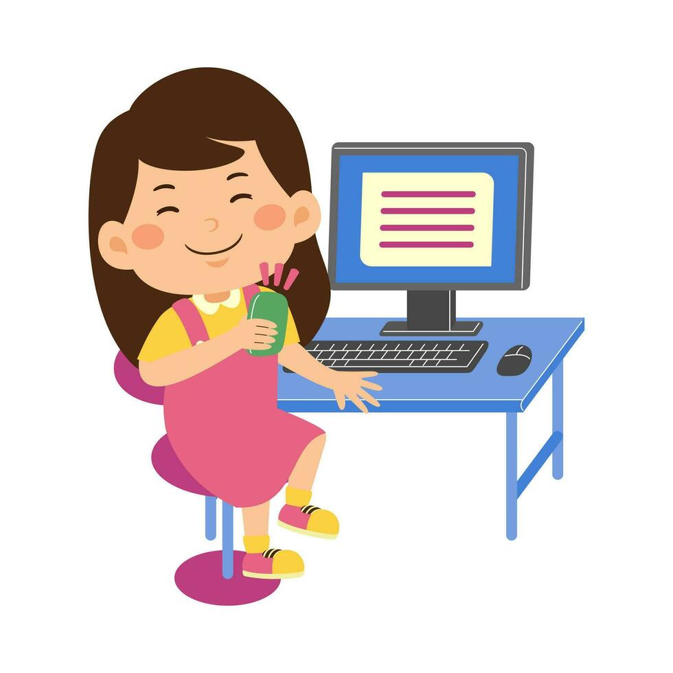 linda pequeño niño niña utilizar computadora vector