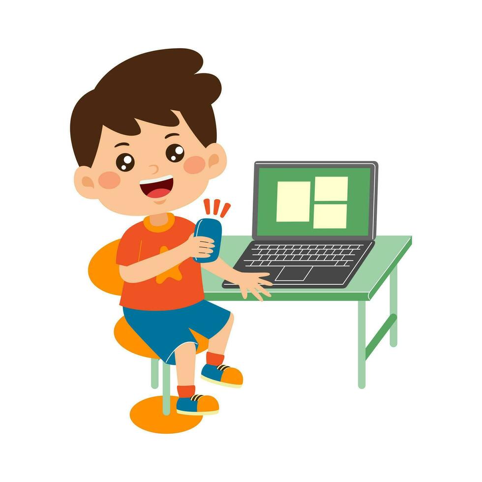 cute little kid use laptop vector illustration