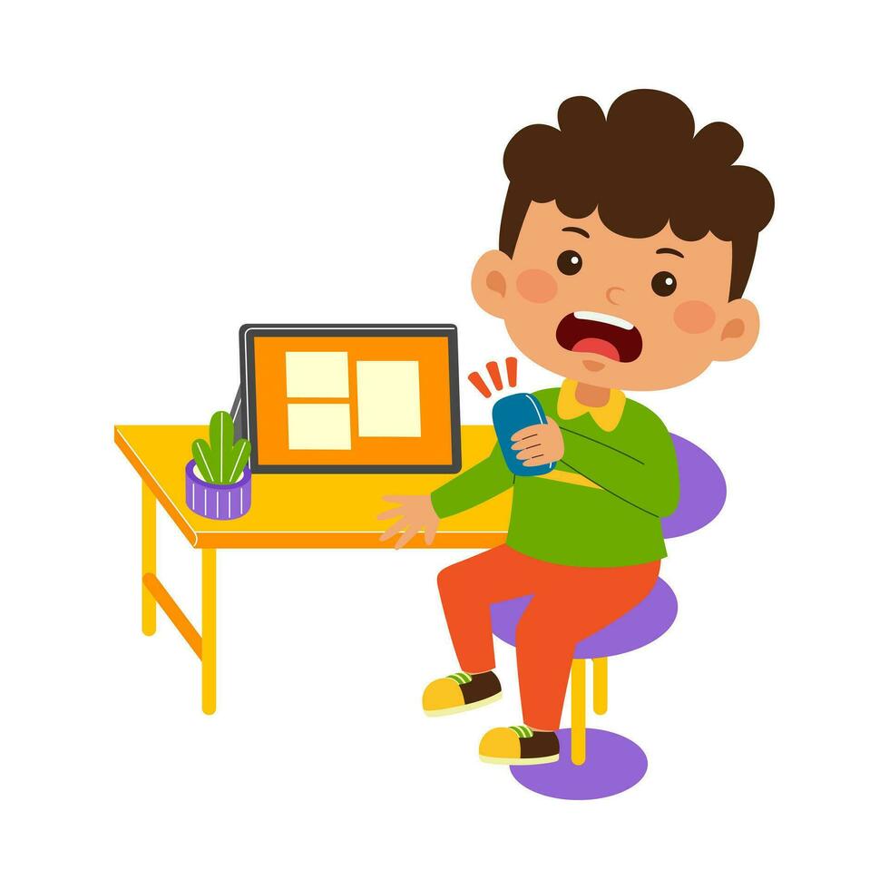 cute little kid use tablet vector illustration