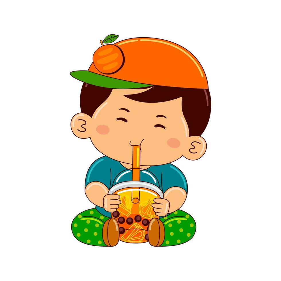 Kawaii kids drinking ice cream vector illustration