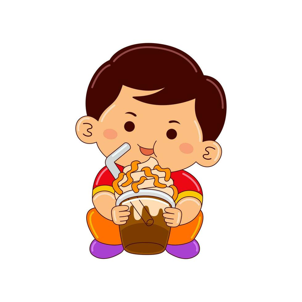Kawaii kids drinking ice cream vector illustration