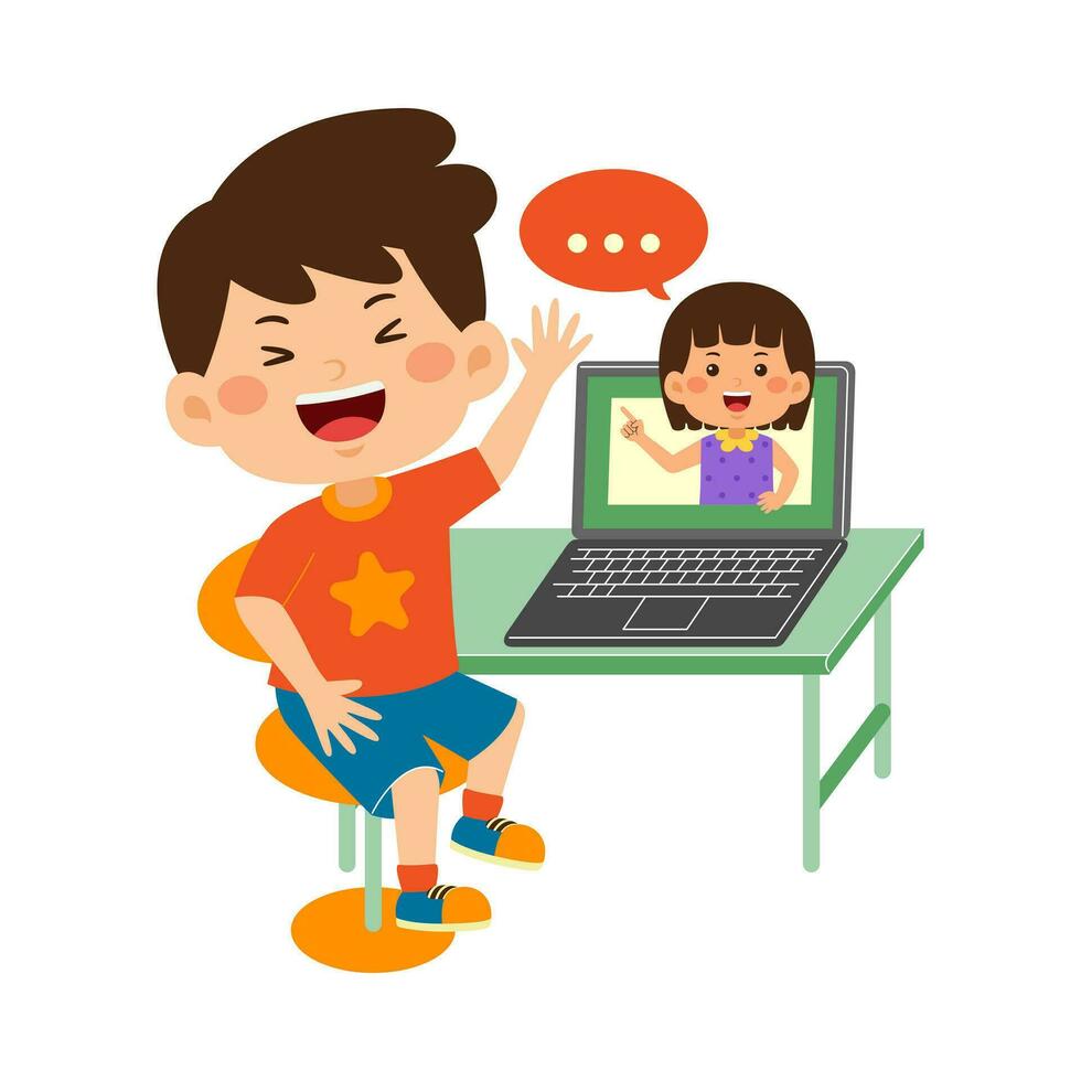 cute little kid use laptop vector illustration