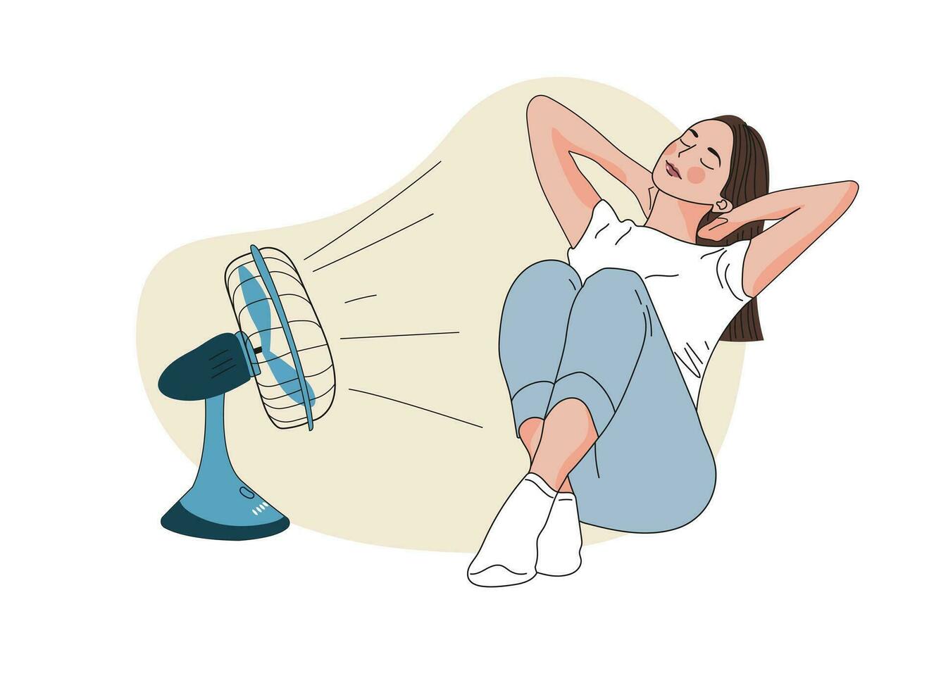 mujer enfriamiento admirador. un sudoroso niña sentado en frente de un ventilador durante caliente verano dias y no sensación bien porque de el terrible calor. mano dibujado vector diseño ilustraciones.