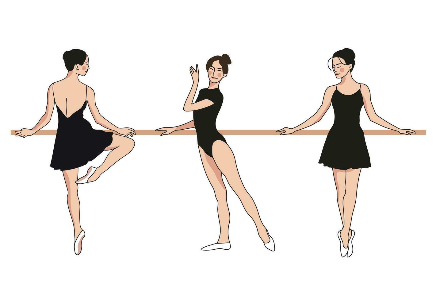 Three young ballet dancers stand in different poses on a white background. Illustration of a ballerina in special dance dresses. Vector flat illustration.