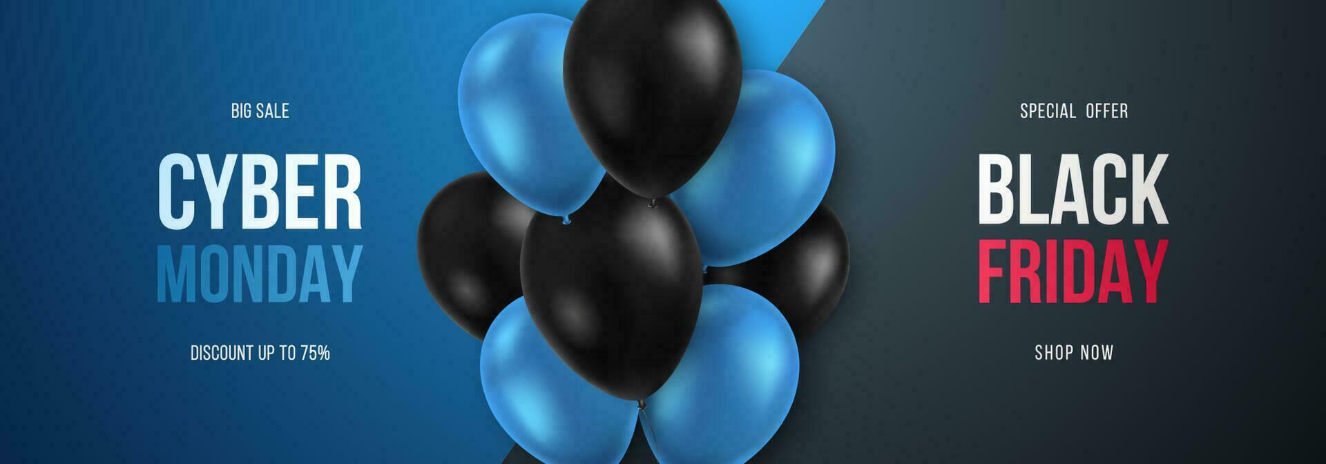 Cyber Monday and Black Friday Sale promo horizontal banner with black and blue balloons. vector