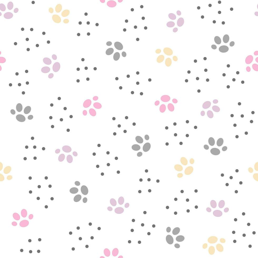 Cute cat animal paw prints path simple cartoon seamless pattern vector illustration, domestic pet cute doodle traces, pastel colored cozy home interior concept