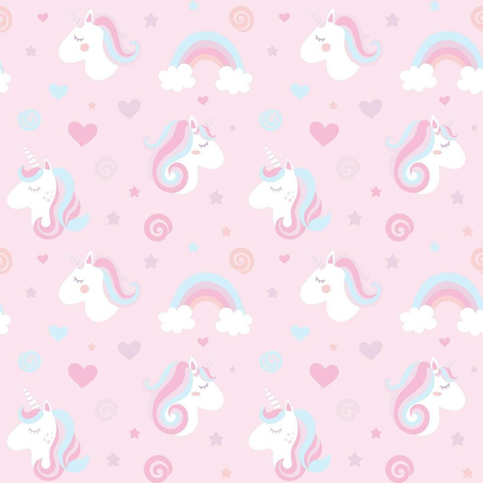 Childish seamless pattern with cute unicorns, clouds, stars and rainbows. vector