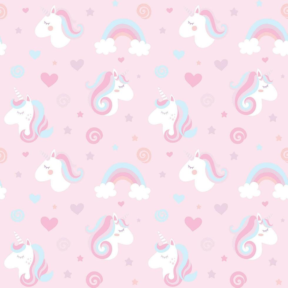 Childish seamless pattern with cute unicorns, clouds, stars and rainbows. vector