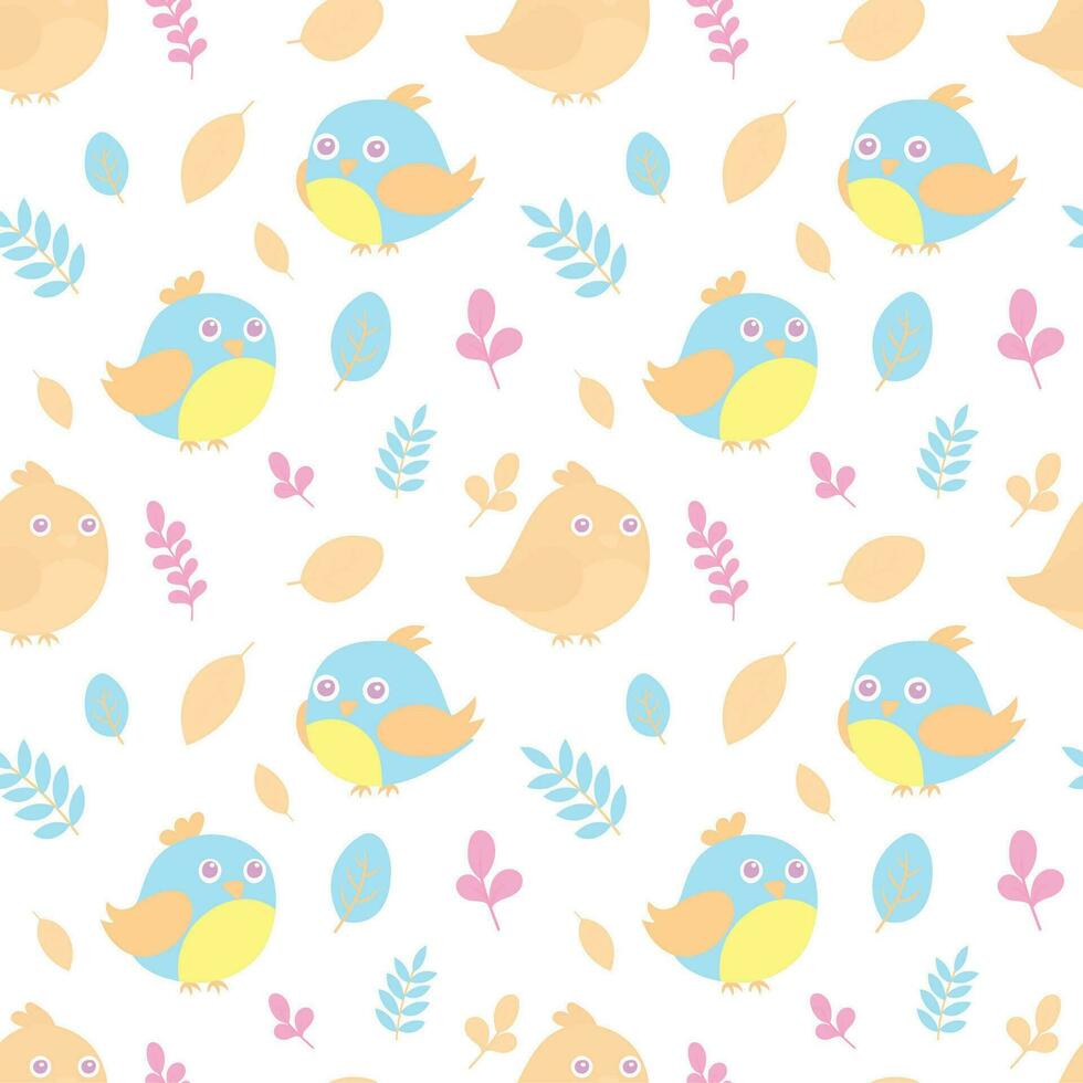 Seamless pattern of cute cartoon childish birds with leaves and flowers vector