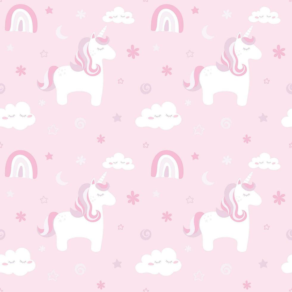 Childish seamless pattern with cute unicorns, clouds, stars and rainbows. vector