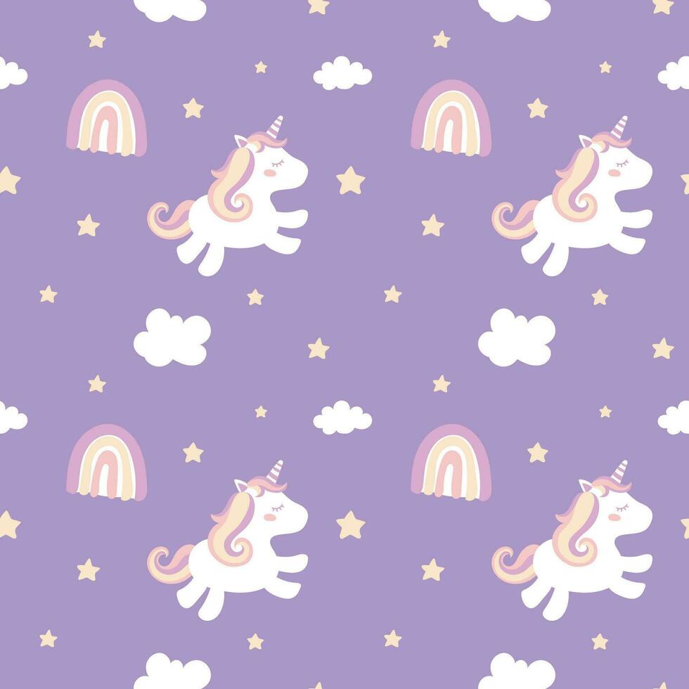Childish seamless pattern with cute unicorns, clouds, stars and rainbows. vector