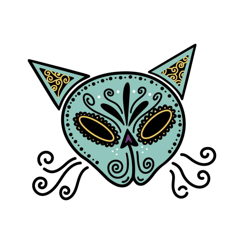 Cute cat sugar skull vector icon. Festive mask of a nice Mexican kitten isolated on white. Drawing for the day of the dead, Dia de Muertos. Magic cartoon clipart, feline bone. For holiday cards, print
