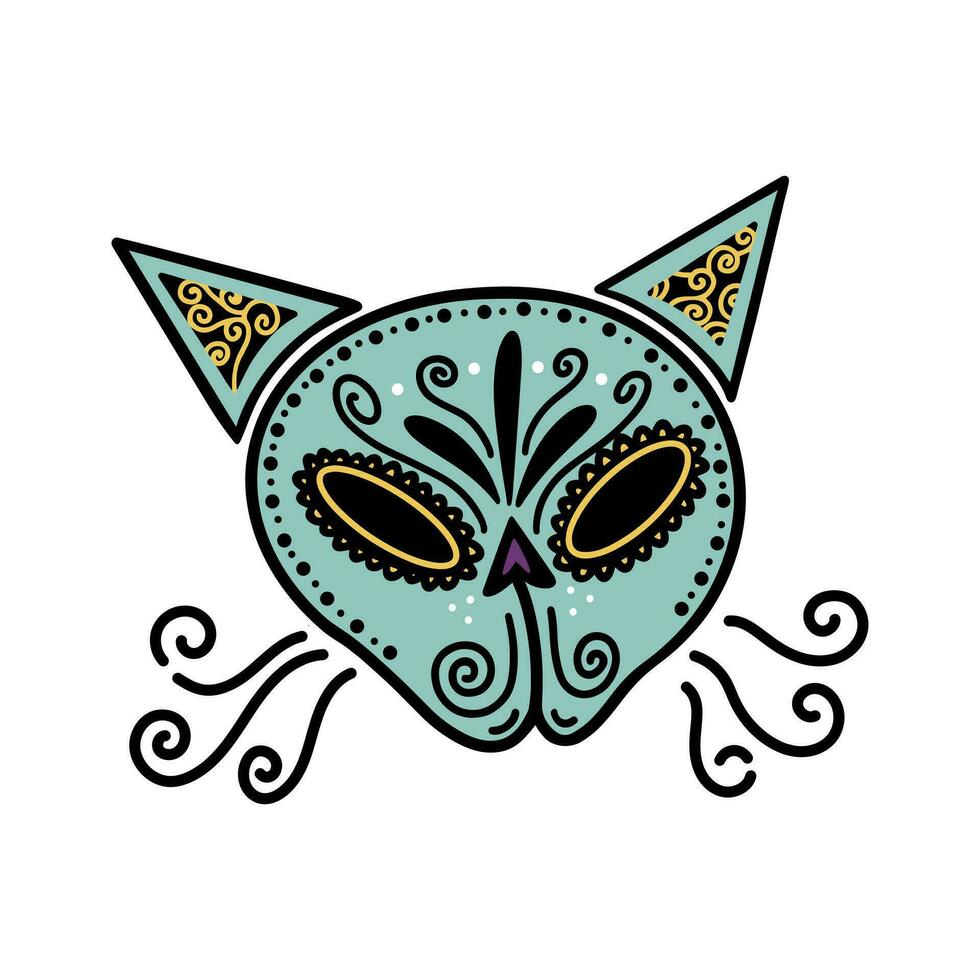 linda gato azúcar cráneo vector icono. festivo máscara de un bonito mexicano gatito aislado en blanco. dibujo para el día de el muerto, dia Delaware muertos. magia dibujos animados clipart, felino hueso. para fiesta tarjetas, impresión