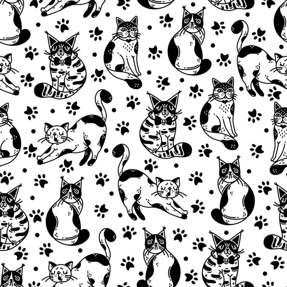 Cute cats seamless vector pattern. Fluffy purebred and outbred kittens with paw prints. Tabby, spotted black and white pets. Lazy, grumpy, sitting domestic animals. Cartoon background for posters, web