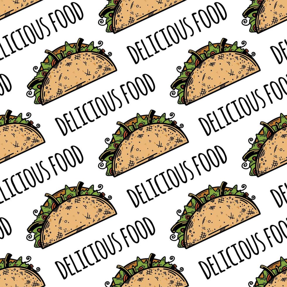 Fresh taco seamless vector pattern. Traditional Mexican fast food with chicken, salad. Delicious street snack wrapped in a tortilla. Spicy lunch, hand drawn sketch. Background for posters, menu, print