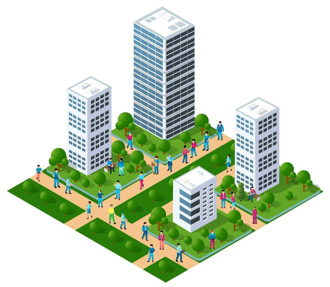 The city lifestyle scene on urban themes with houses, cars, people, trees and parks. Concept isometric 3d illustrations vector for design, games, web