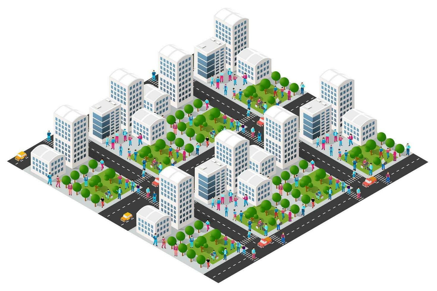 The city lifestyle scene on urban themes with houses, cars, people, trees and parks. Concept isometric 3d illustrations vector for design, games, web