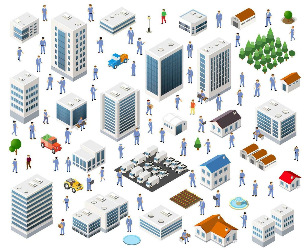 isométrica conjunto calle cruce 3d ilustración de el ciudad trimestre con calles, gente, y carros. valores ilustración para el diseño y juego de azar industria vector