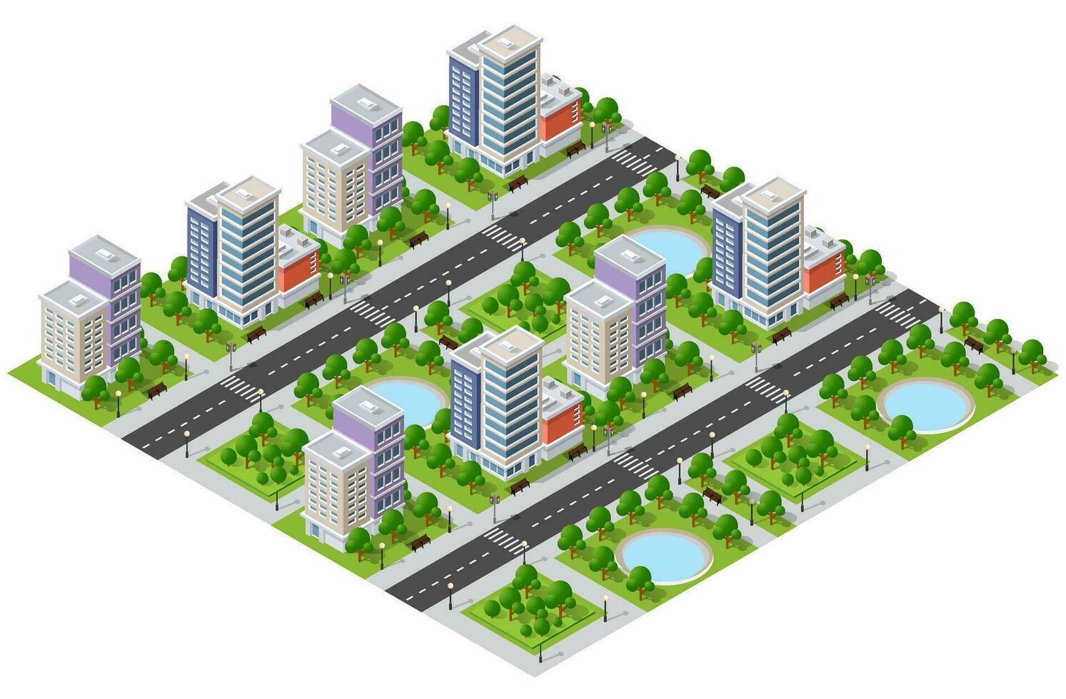 el ciudad estilo de vida escena en urbano temas con casas, carros, gente, arboles y parques concepto isométrica 3d ilustraciones vector para diseño, juegos, web