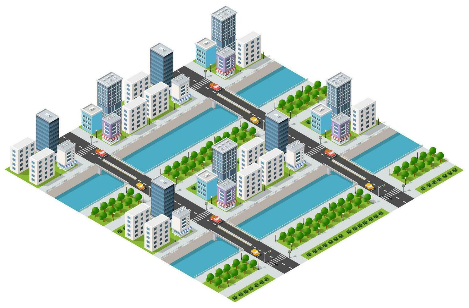 el ciudad estilo de vida escena en urbano temas con casas, carros, gente, arboles y parques concepto isométrica 3d ilustraciones vector para diseño, juegos, web