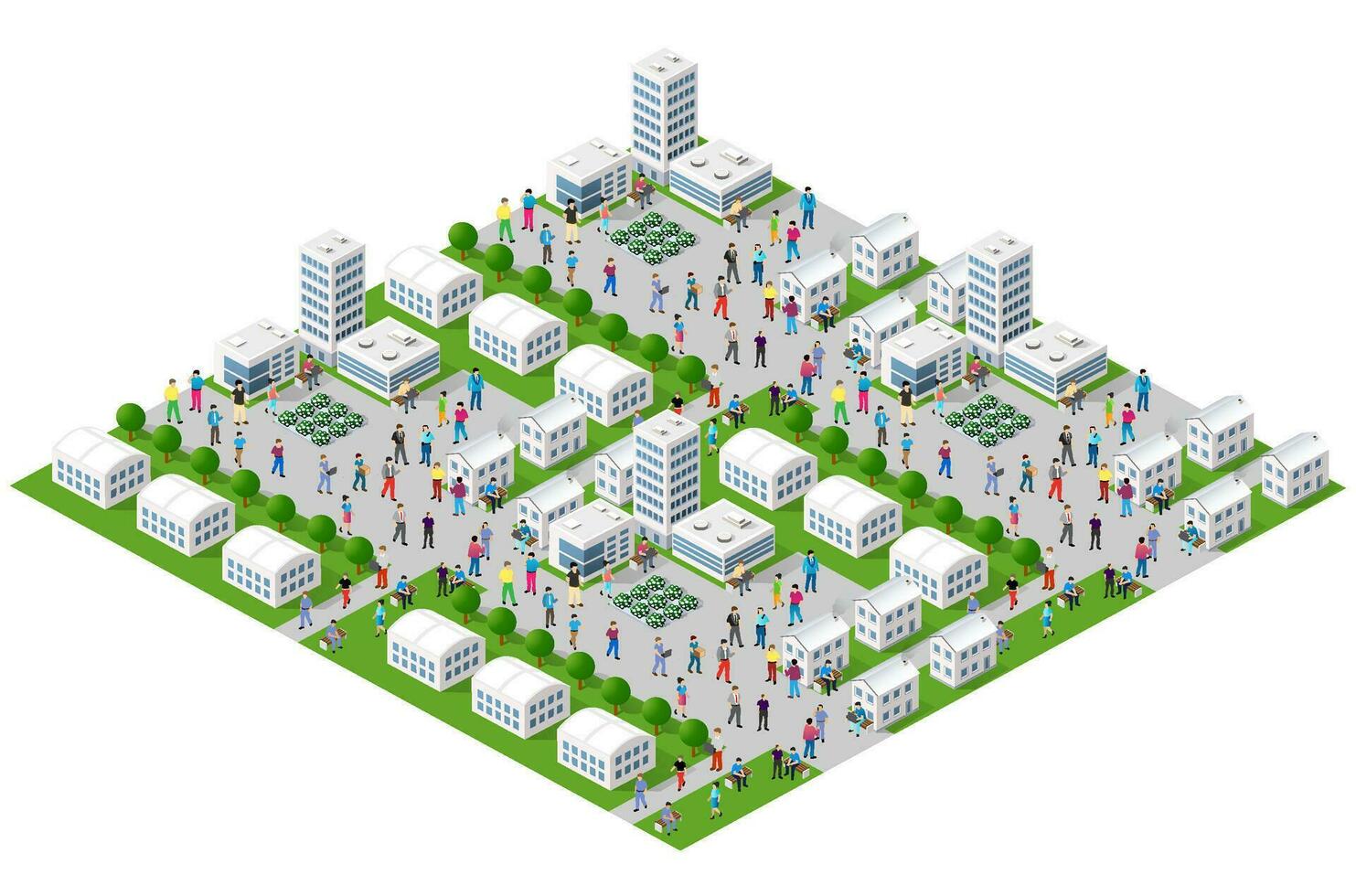 el ciudad estilo de vida escena en urbano temas con casas, carros, gente, arboles y parques concepto isométrica 3d ilustraciones vector para diseño, juegos, web