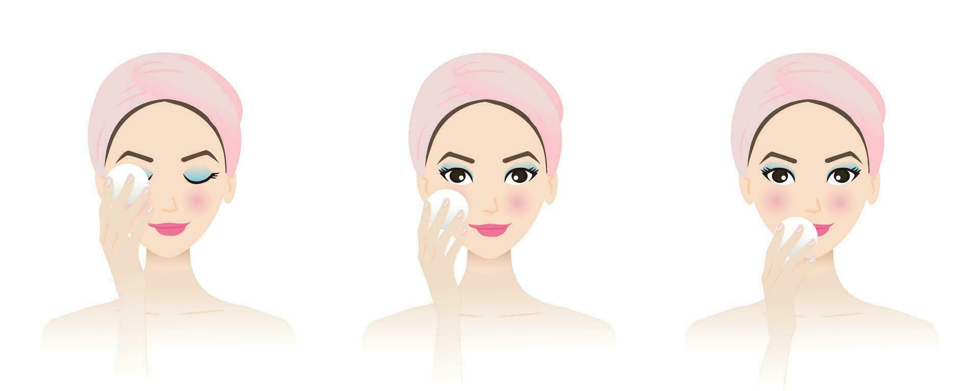 Set of makeup remover from cute woman face vector illustration isolated on white background. Step of makeup removal, mascara, eye liner, foundation, blush, lipstick and lip color with cotton pad.
