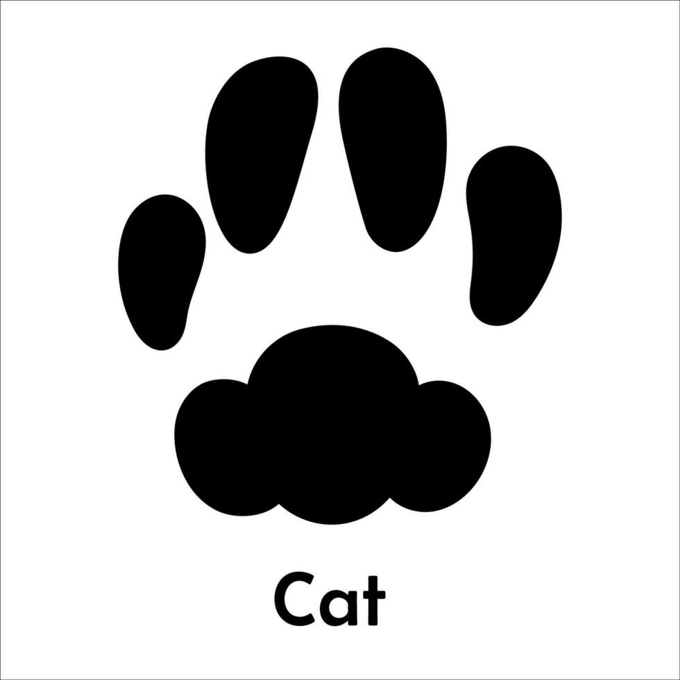 Cat paw print. Pet footprint black silhouette isolated on white background. Animal track monochrome graphic vector illustration in cartoon flat style.