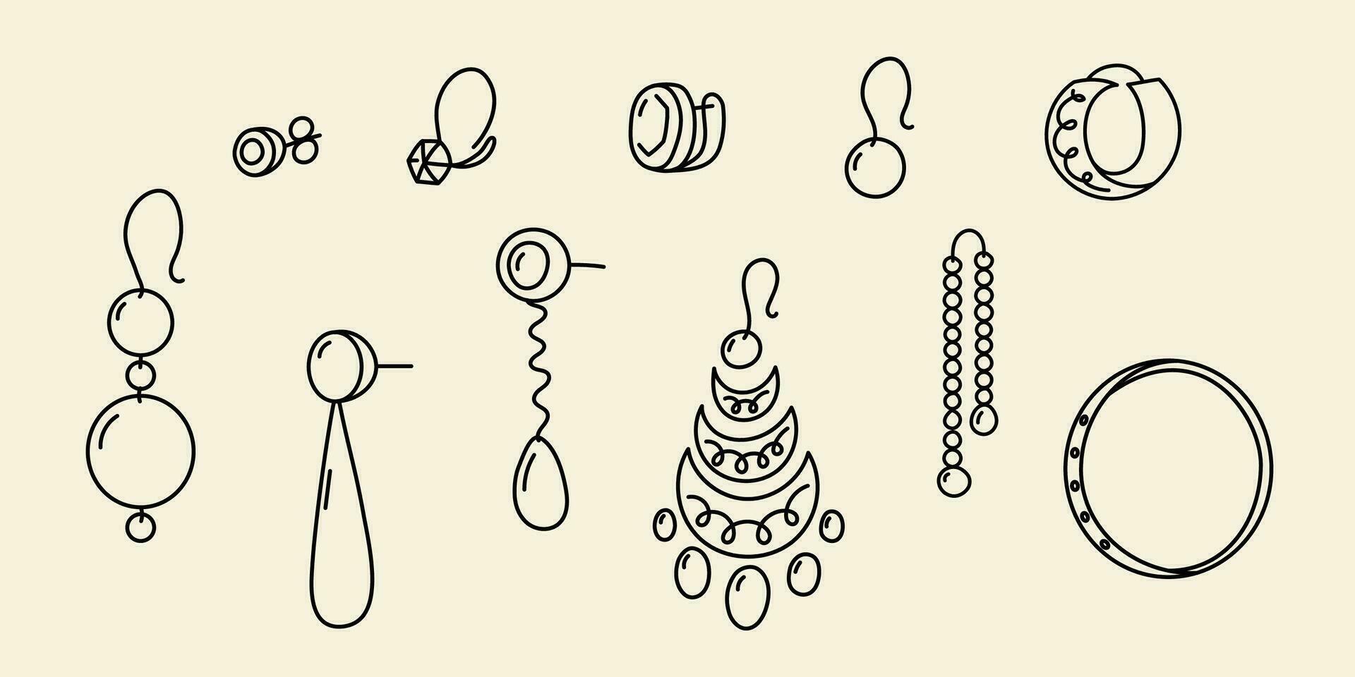 Doodle earrings drawing set. Different types of hand drawn woman jewelry. Outline vector illustration isolated on removable beige background.