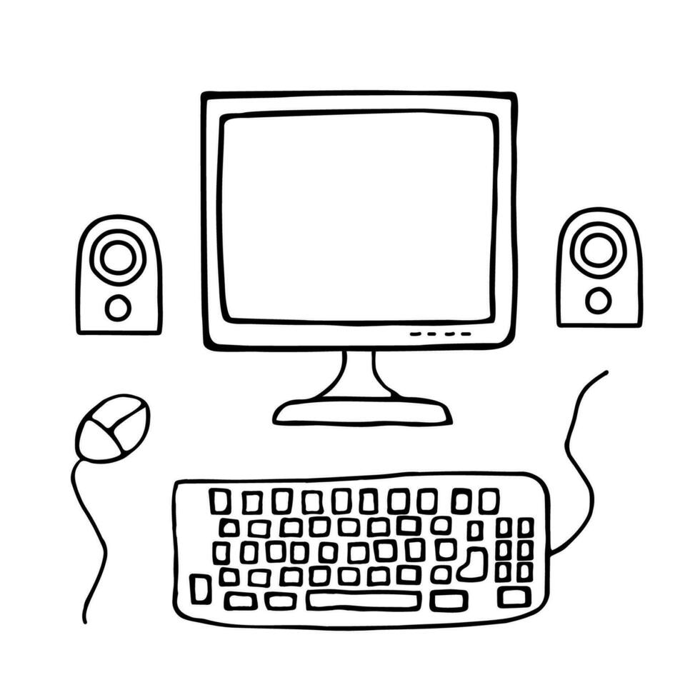 Hand drawn computer monitor with a keyboard and speakers. Vector illustration in doodle style