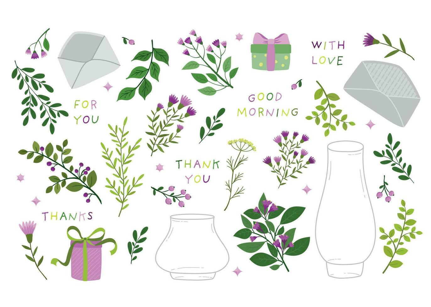 A hand-drawn set of twigs with berries and leaves. Vector botanical illustration with decorative elements and lettering