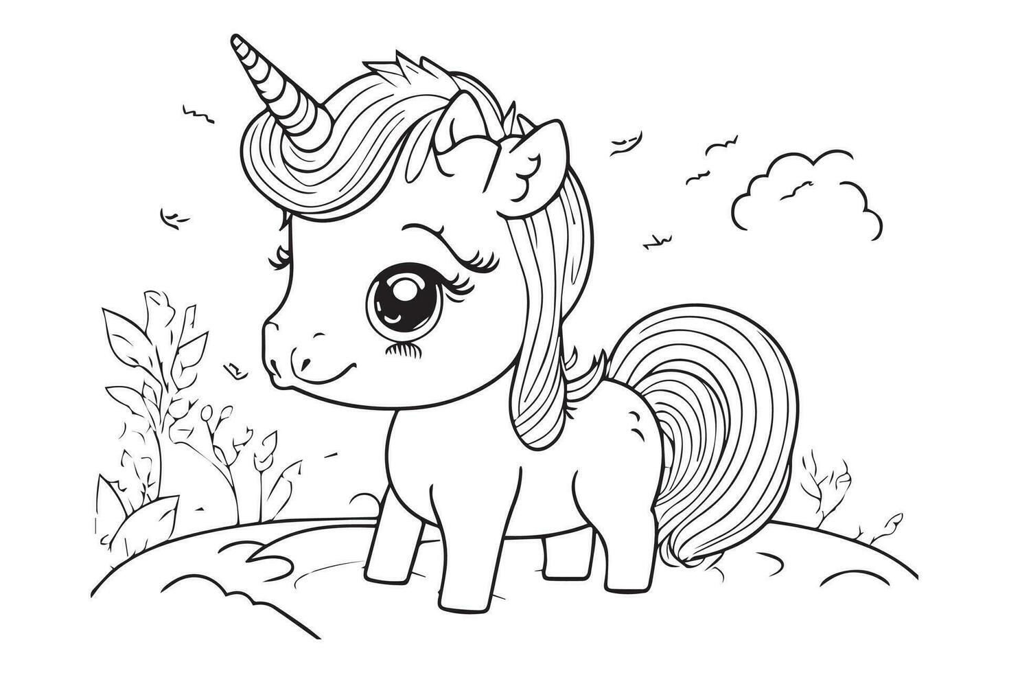 cute unicorn coloring book page, children drawing book. Coloring page for kids and adults. vector