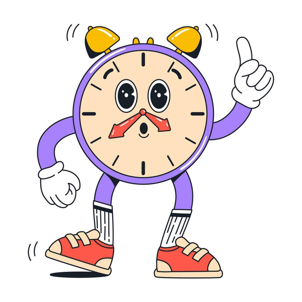 Isolated groovy character alarmclock in gloves in flat retro classic cartoon style of 60s 70s on white background. Illustration for your design, print, card, poster, stickers vector