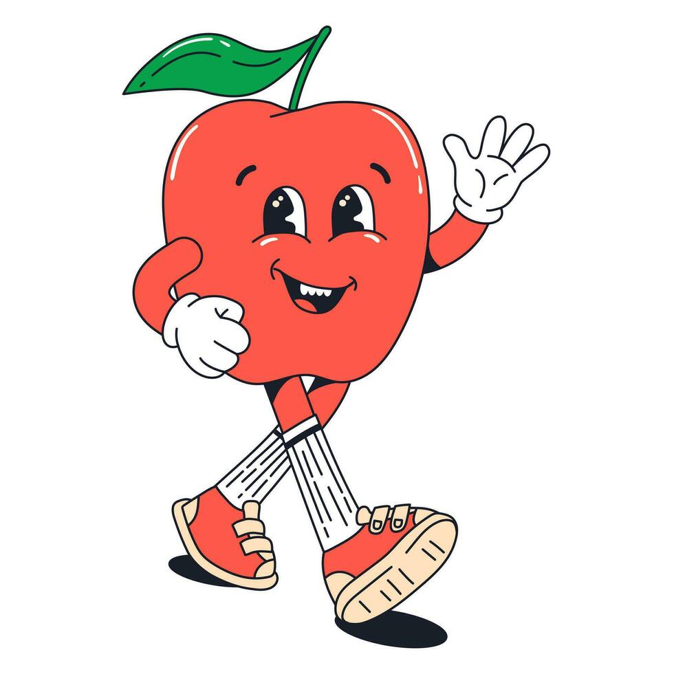 Isolated groovy character walking red apple in gloves in flat retro classic cartoon style of 60s 70s on white background. Illustration for your design, print, card, poster, stickers vector