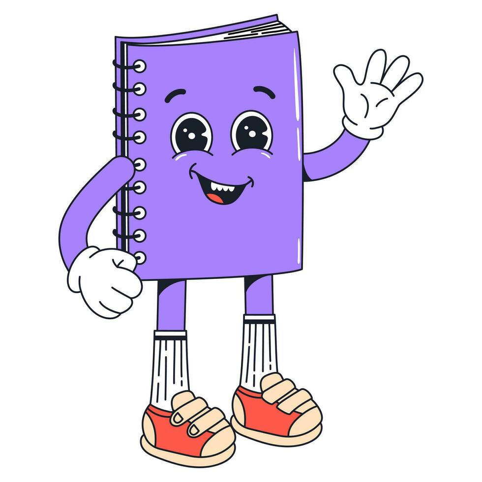 Isolated groovy character purple notebook in gloves in flat retro classic cartoon style of 60s 70s on white background. Illustration for your design, print, card, poster, stickers vector