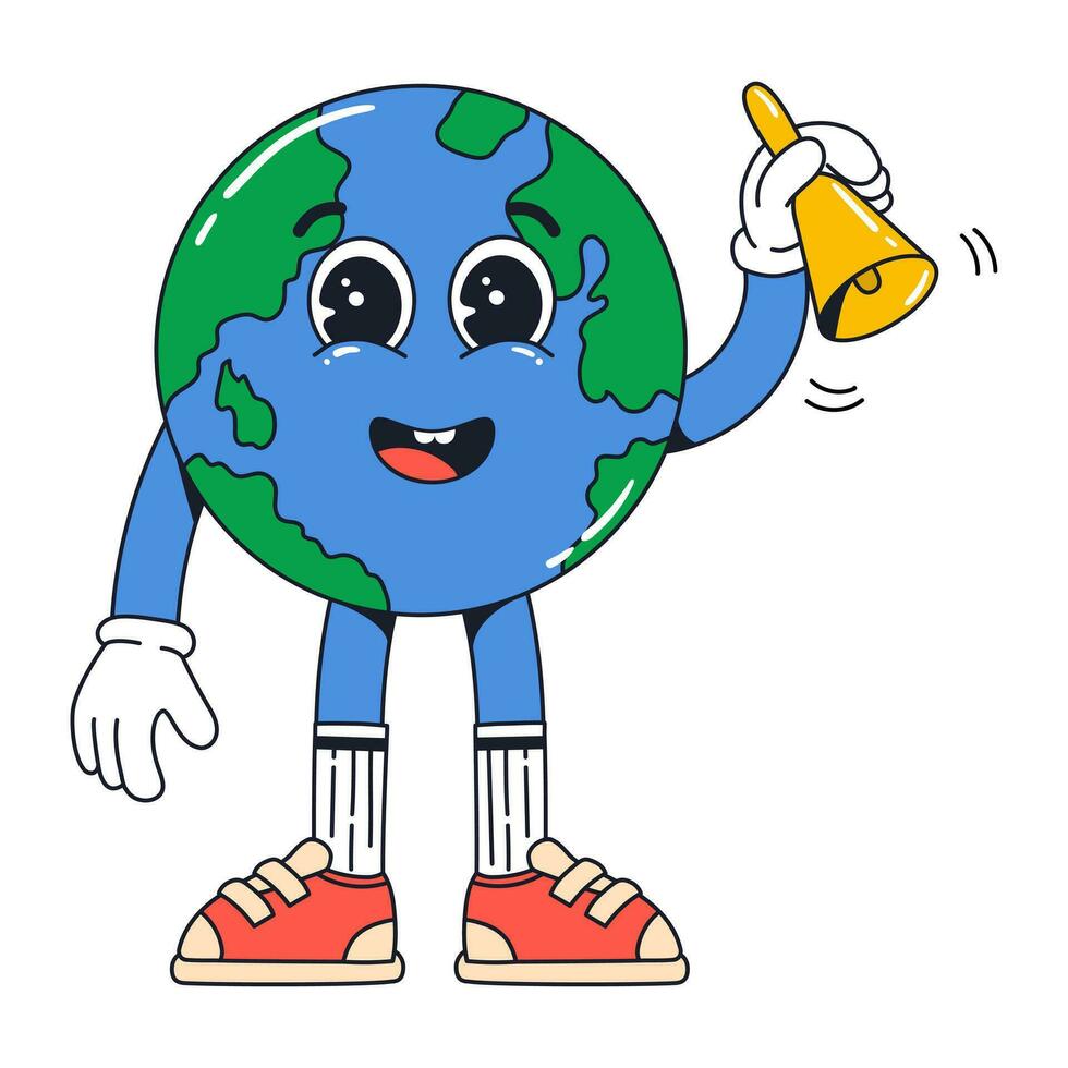 Isolated groovy character planet ringing the bell in gloves in flat retro classic cartoon style of 60s 70s on white background. Illustration for your design, print, card, poster, stickers vector