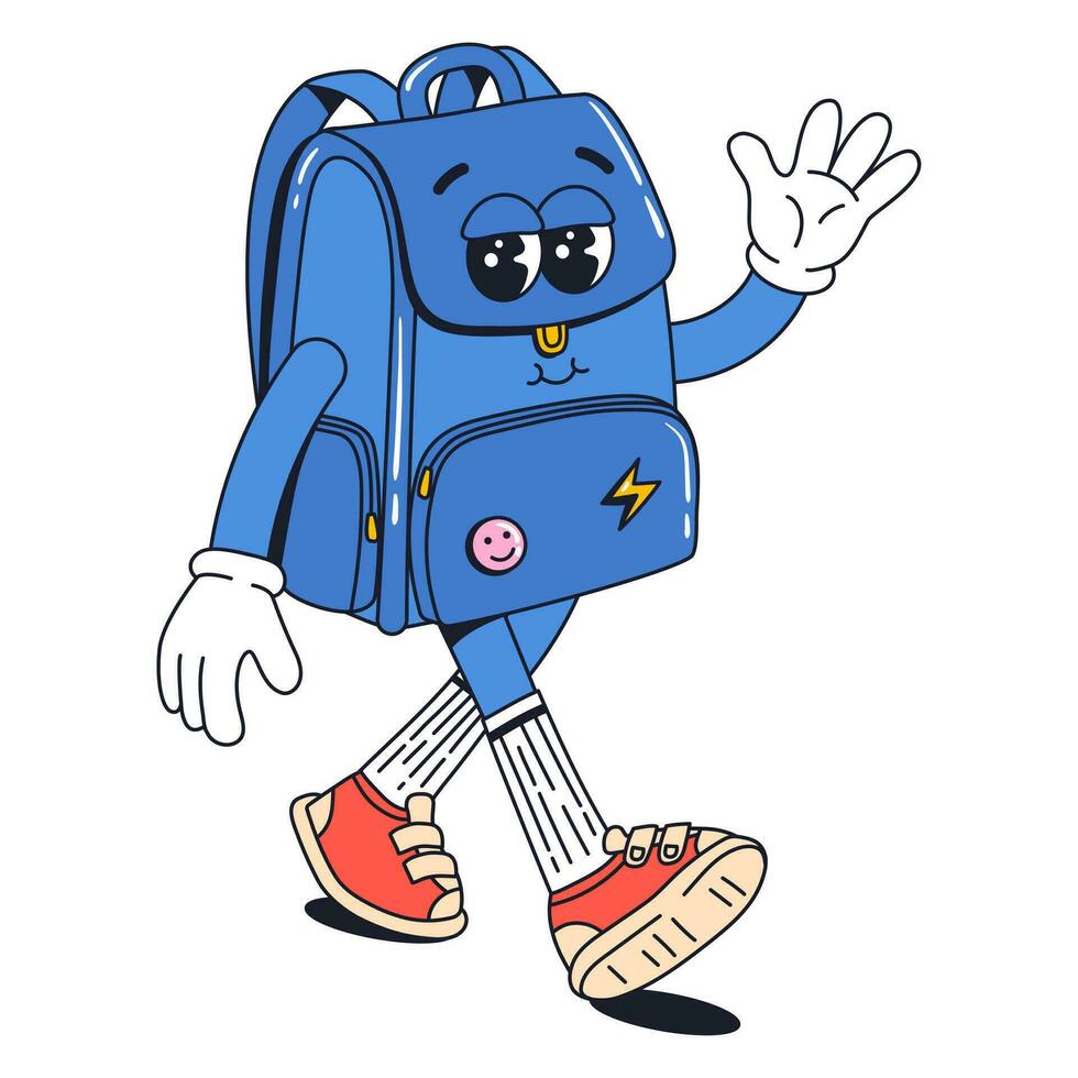 Isolated groovy character walking blue backpack in gloves in flat retro classic cartoon style of 60s 70s on white background. Illustration for your design, print, card, poster, stickers vector