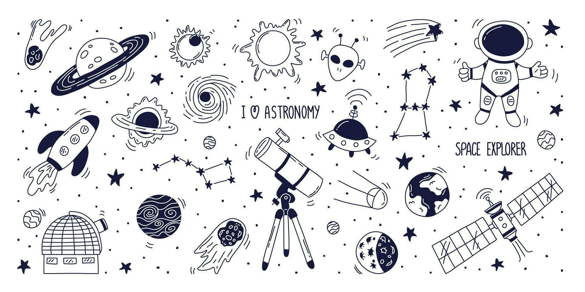 conjunto mano dibujado garabatear astronomía elementos. telescopio, observatorio, cosmonauta, estación, satélite, planetas, sol, estrellas. plano vector ilustración en blanco antecedentes