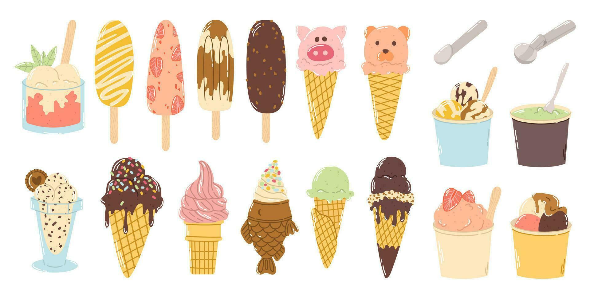 Set different colorful ice cream in waffle cone with sprinkling, on stick, sorbet in box, metal spoons for make ball in flat hand drawn vector style isolated on white background