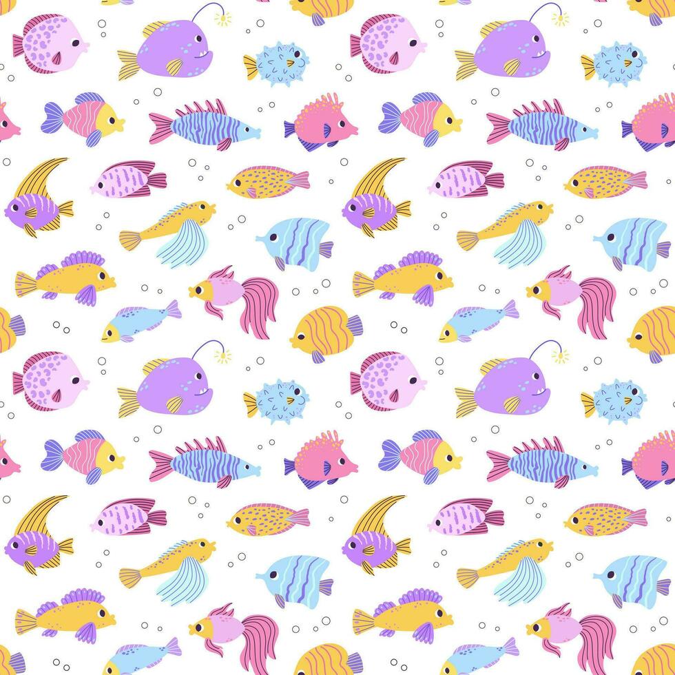 Colorful seamless pattern with different ocean fish and bubbles in flat hand drawn style. For design, textile, background vector
