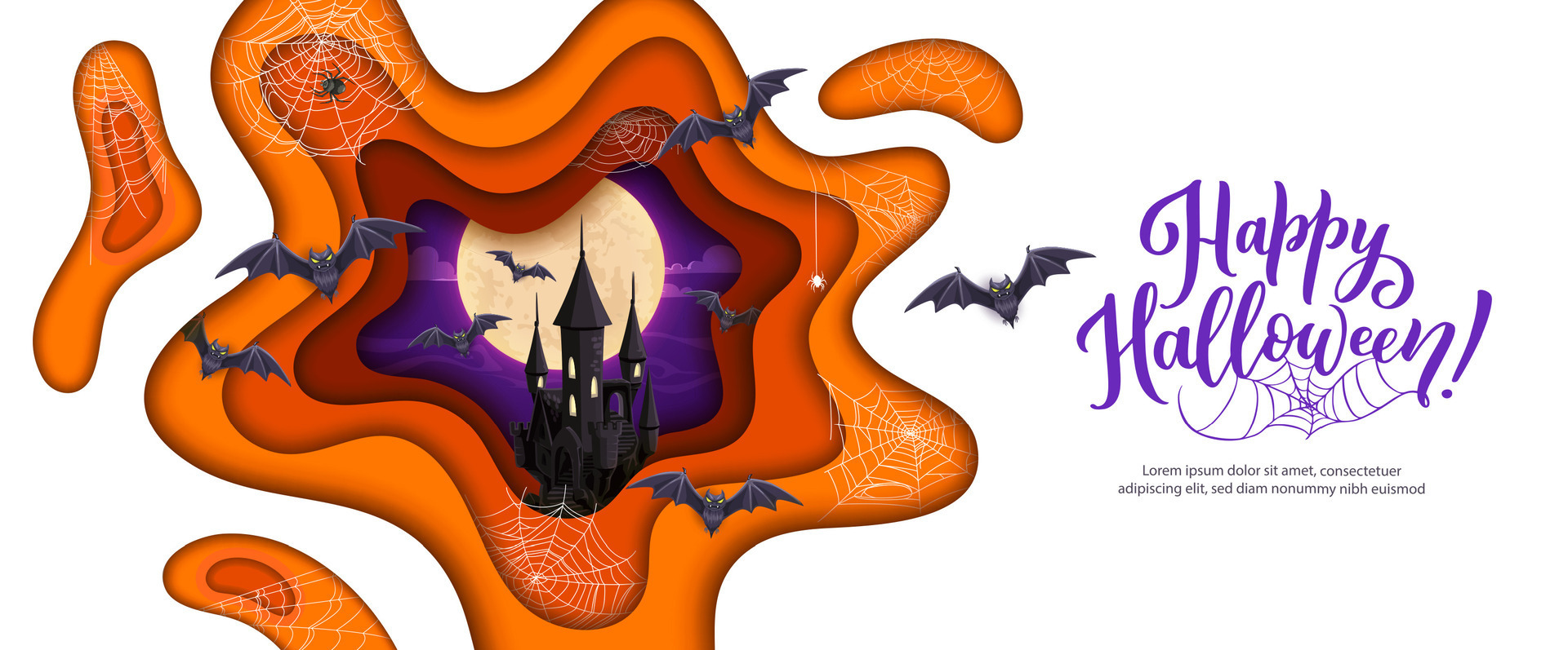 Halloween paper cut midnight castle, cobweb, bats 26618426 Vector Art