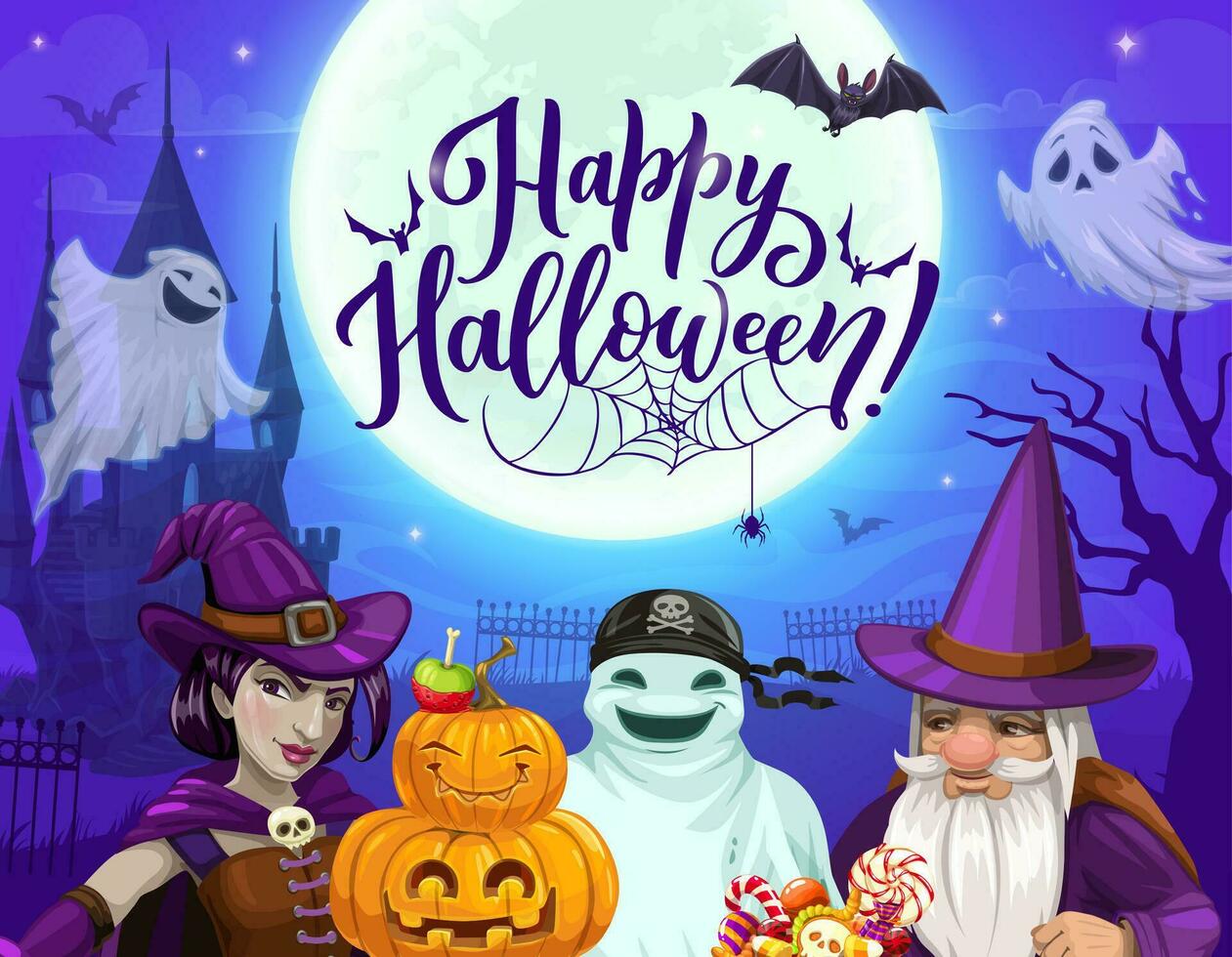 Halloween landscape with cartoon funny characters vector