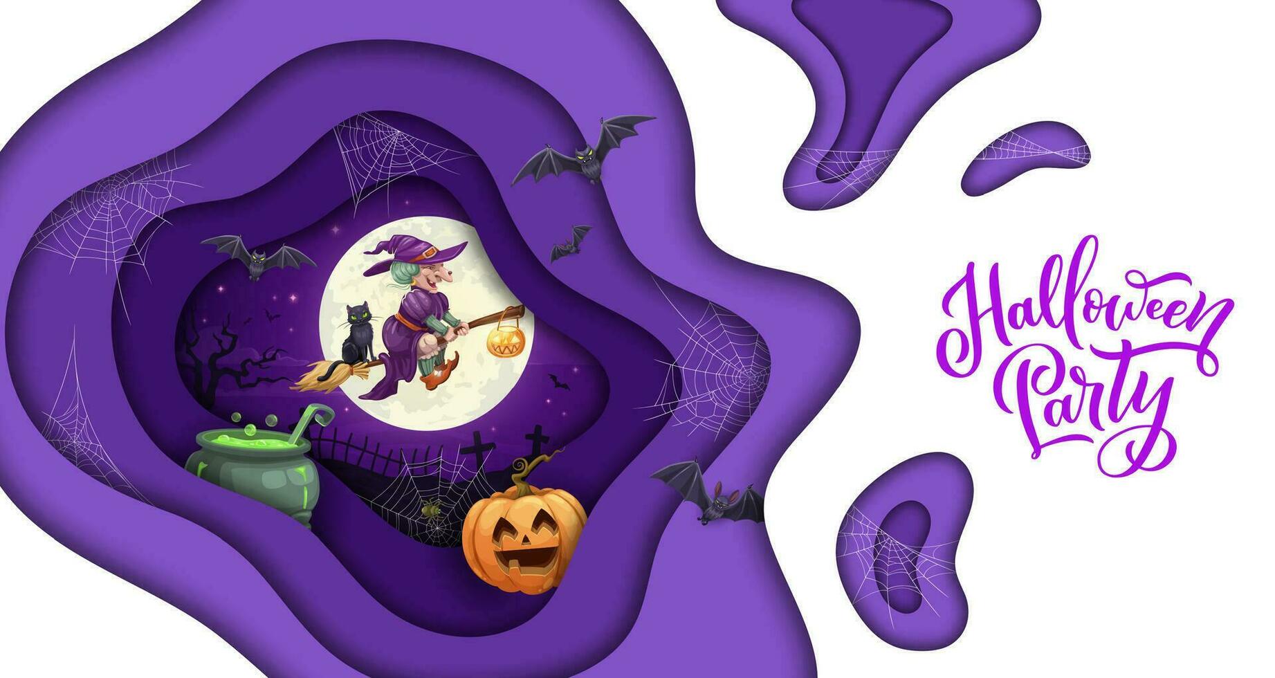 Halloween paper cut cartoon flying witch and pot vector
