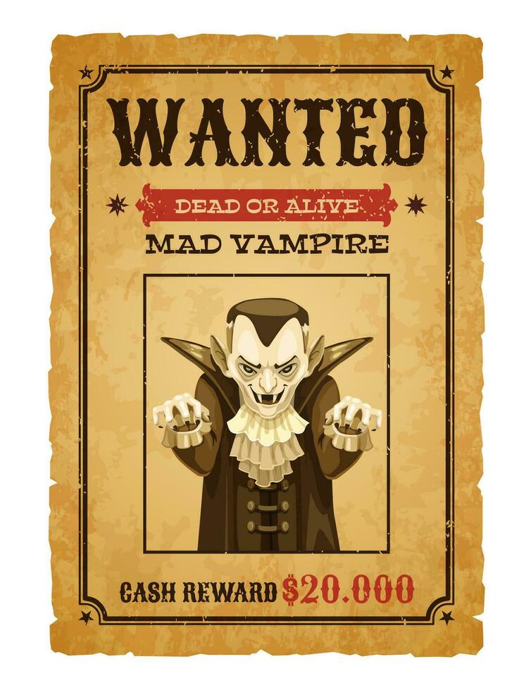 Halloween wanted banner with Dracula vampire vector