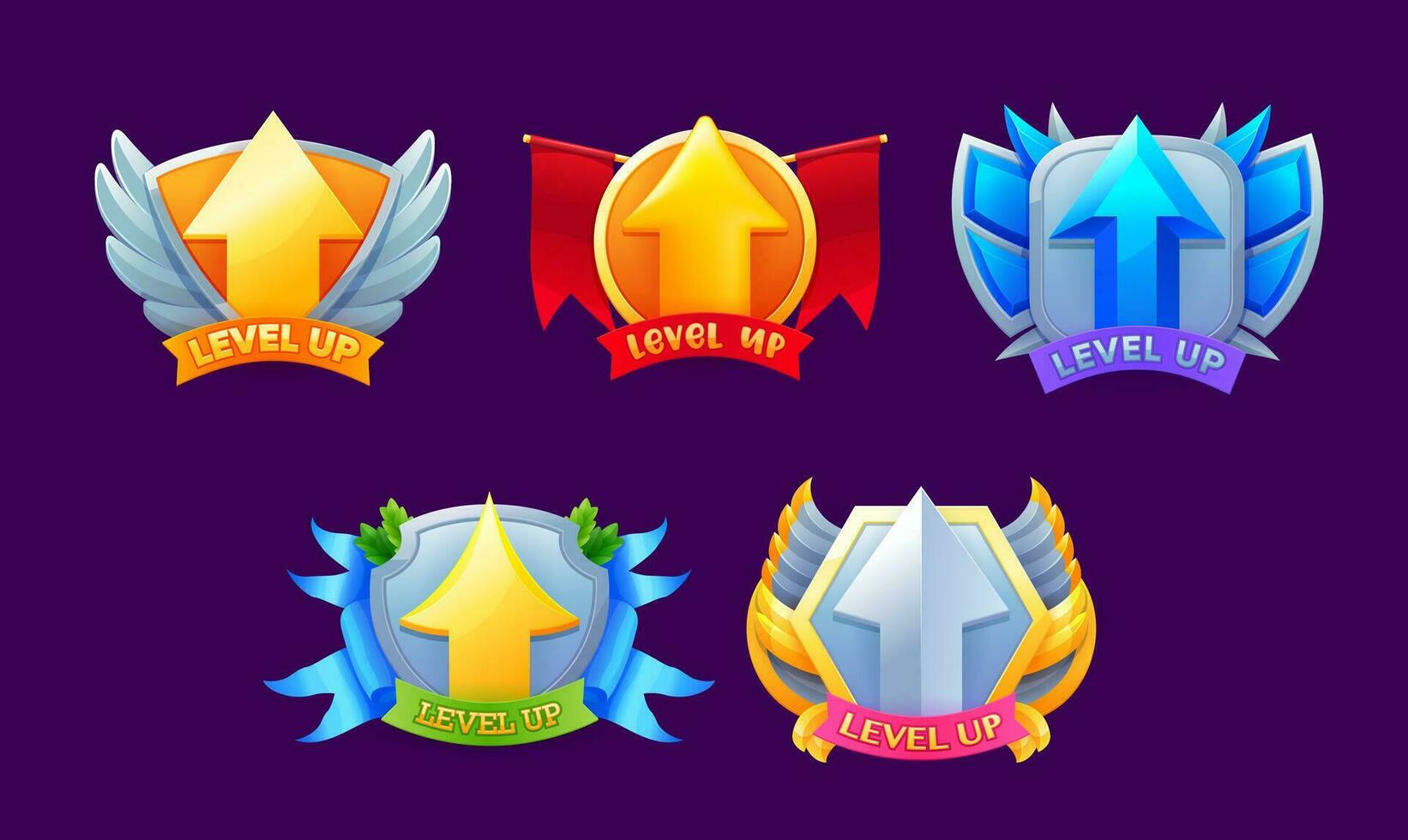 Game level up badges and win icons, bonuses, rank vector