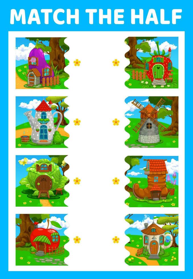 Match half of fairytale cartoon buildings kid game vector