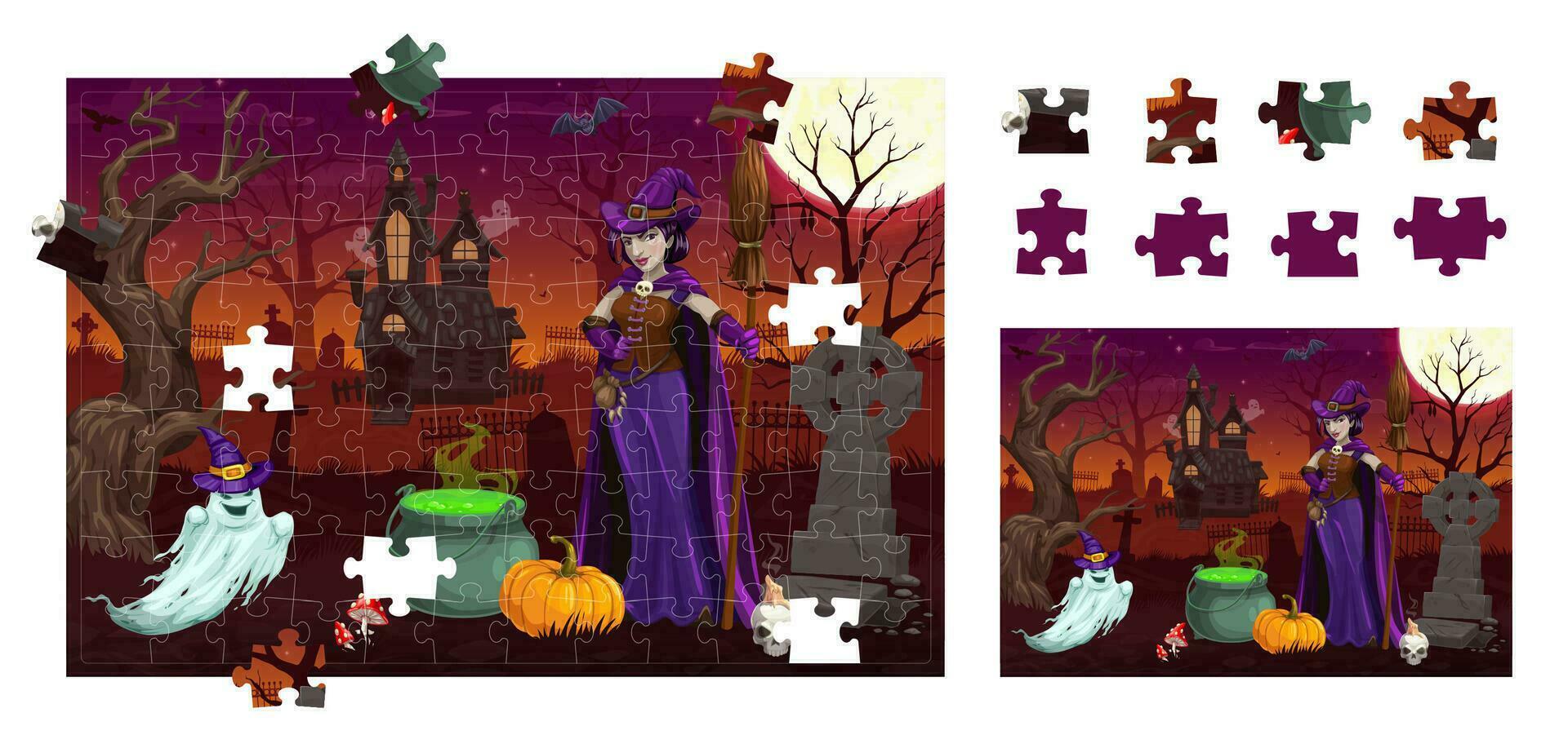 Jigsaw puzzle game pieces. Halloween witch, ghost vector